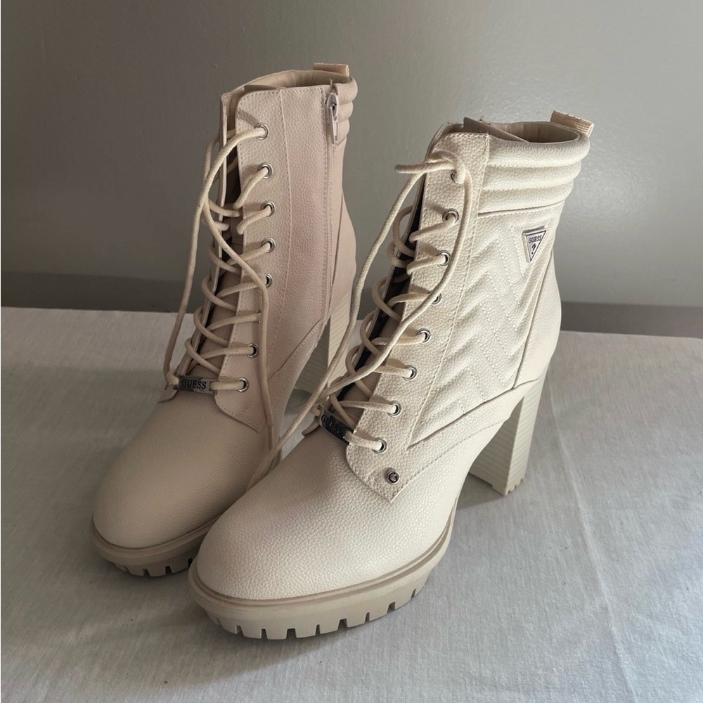GUESS Cream Lace-Up Quilted Ankle Boots with Block Heel